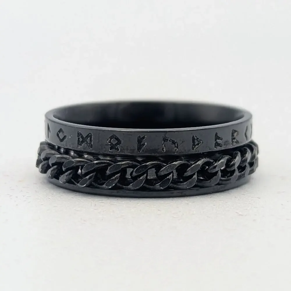 Black Spinner Ring Size 13 – Chain Link Design – Rune Engraved – Men’s Ring